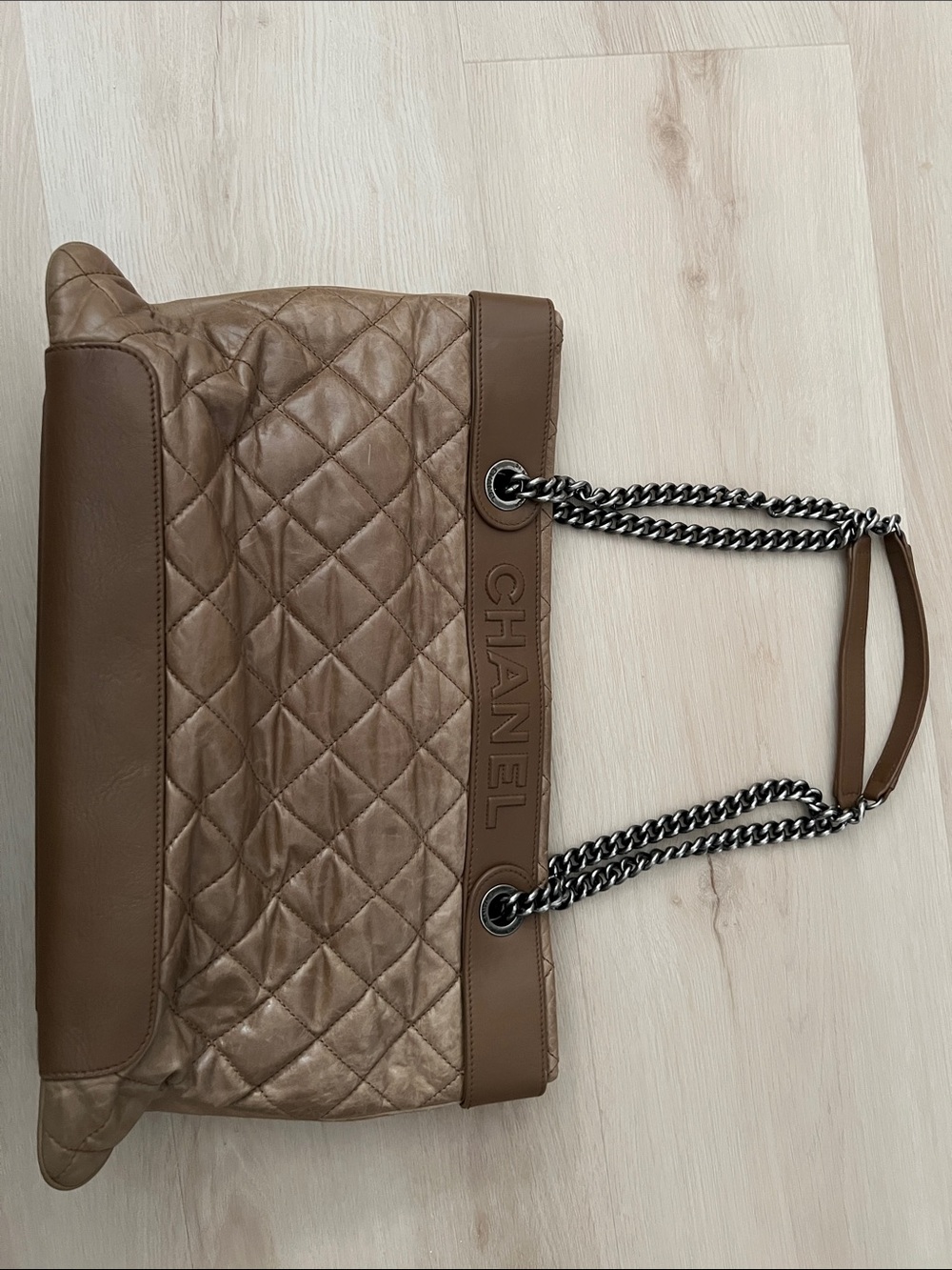 CHANEL Quilted Tan Brown Leather Shoulder Bag with Chain Straps